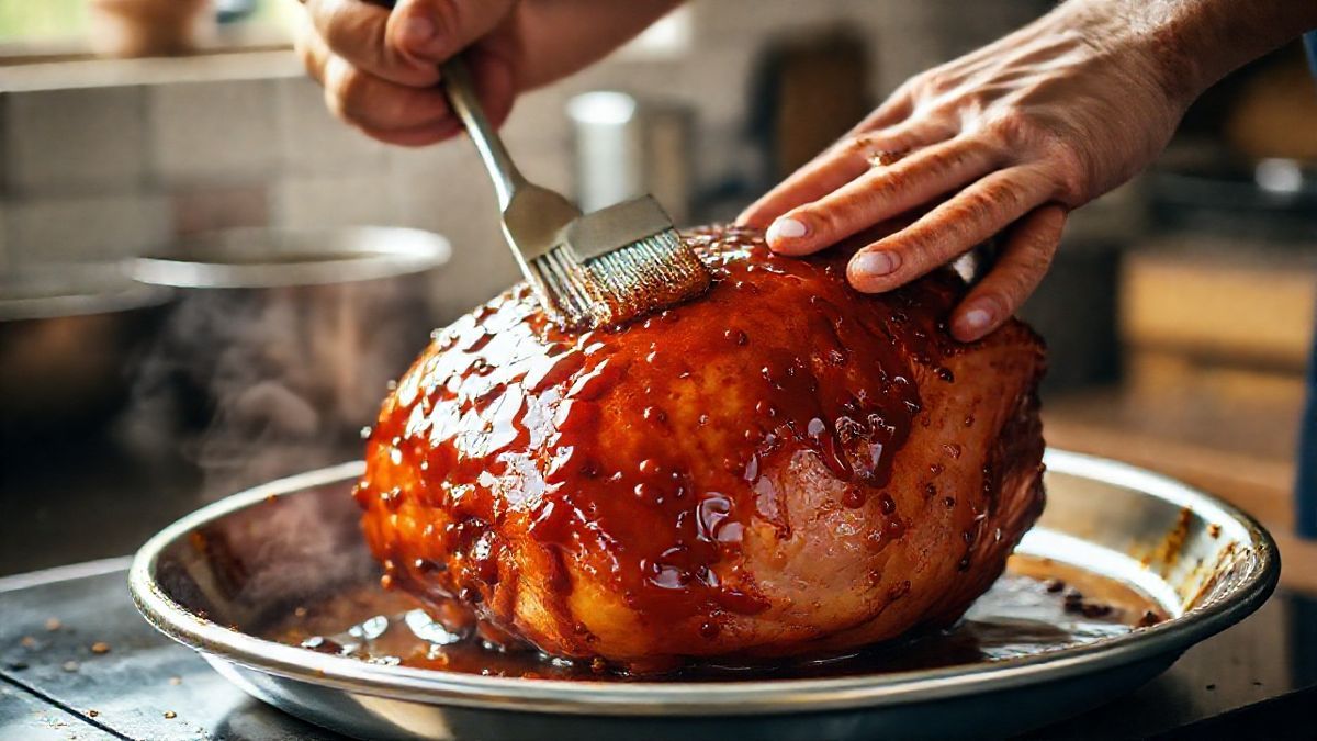 Mãos pincelando a marinada sobre o tender, destacando o processo de temperar.