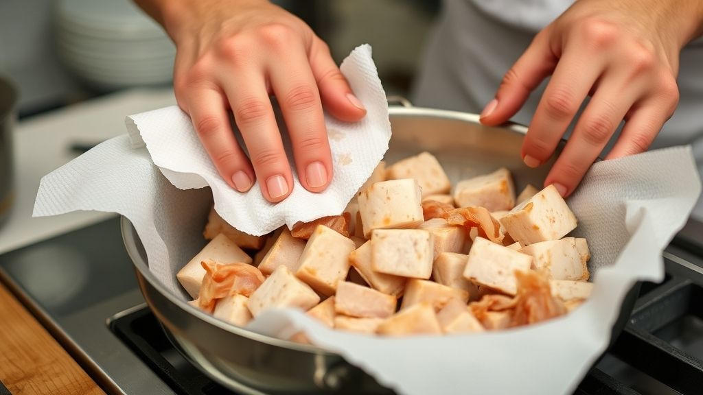 Mãos secando os cubos de barriga de porco com papel-toalha, etapa essencial antes da fritura.