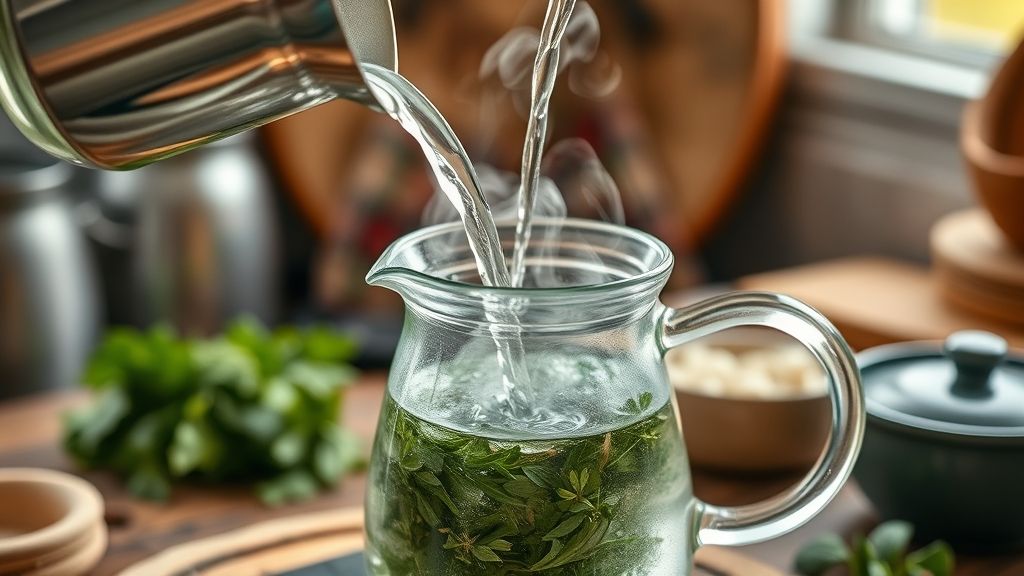 Mãos despejando água quente sobre ervas em uma infusora de vidro