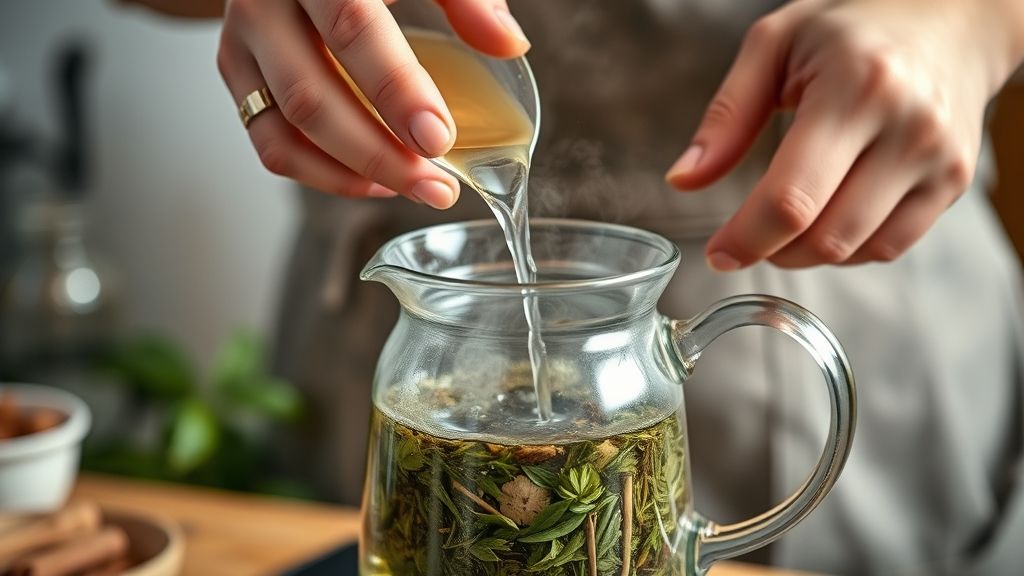 Mãos despejando água quente sobre ervas em um bule de vidro, captando o momento da infusão
