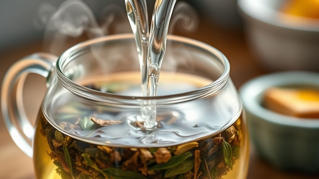 Mãos despejando água quente sobre as ervas em um bule de vidro transparente