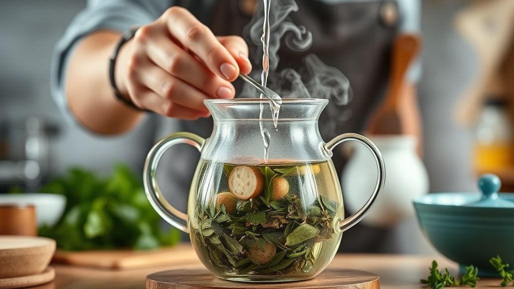 Mãos despejando água quente sobre ervas em bule de vidro durante a infusão.