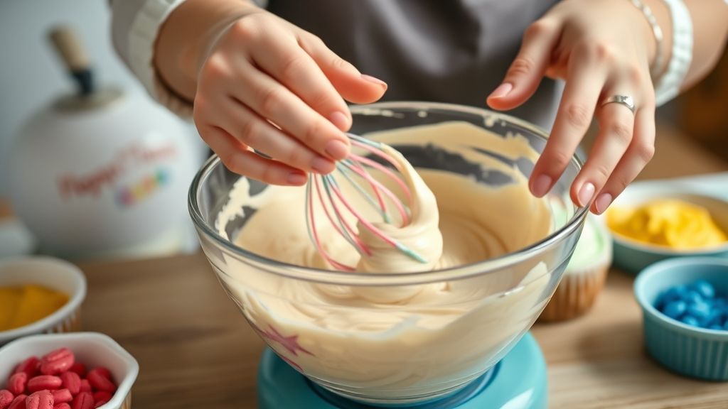 Mãos dividindo a massa em potes para adicionar corantes antes de assar os cupcakes.