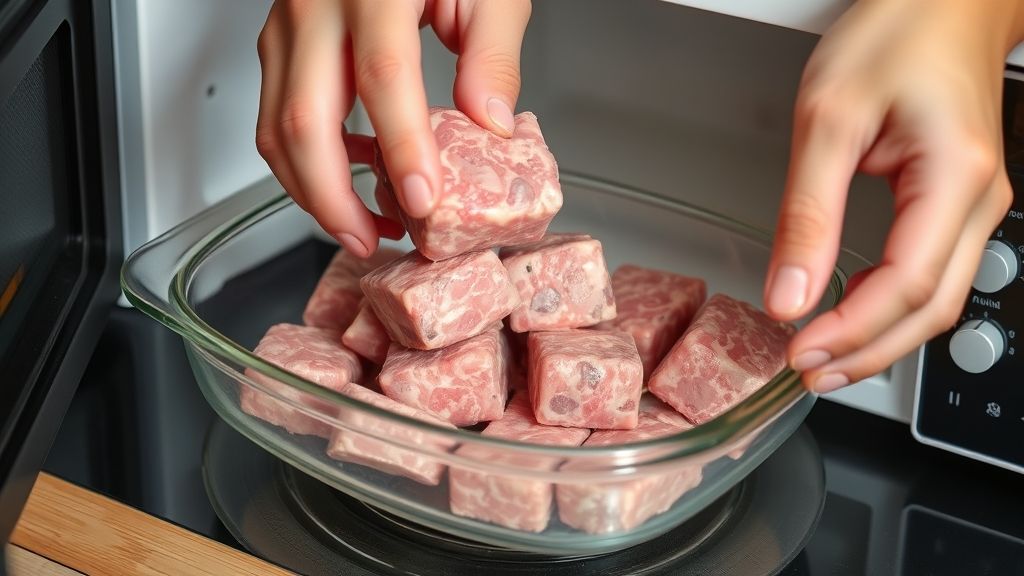 Mãos posicionando pedaços de carne em prato de vidro, preparando para entrar no micro-ondas.