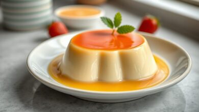 Pudim cremoso de leite condensado pronto, dourado, liso e regado com calda brilhante de caramelo