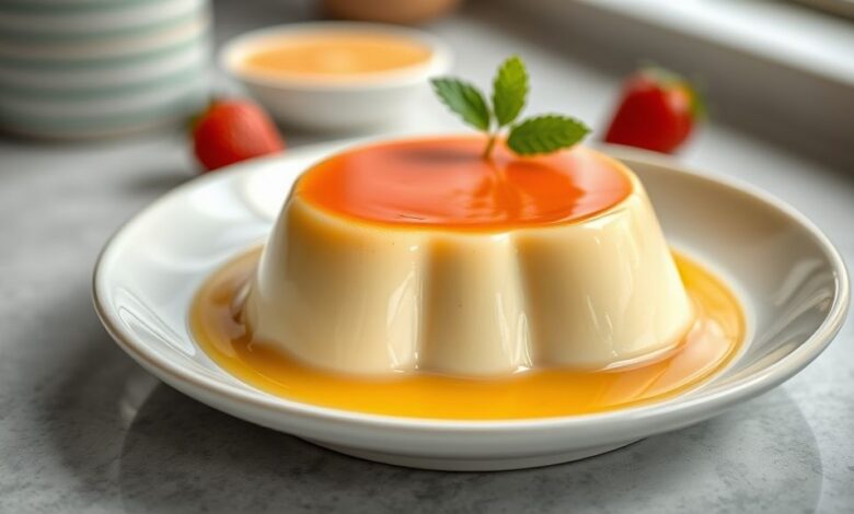 Pudim cremoso de leite condensado pronto, dourado, liso e regado com calda brilhante de caramelo