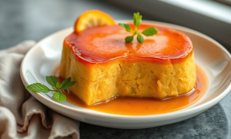 Pudim de batata doce simples e cremoso, já desenformado com calda dourada de caramelo escorrendo, servido de forma elegante.