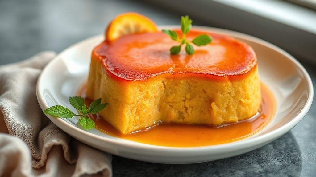 Pudim de batata doce simples e cremoso, já desenformado com calda dourada de caramelo escorrendo, servido de forma elegante.