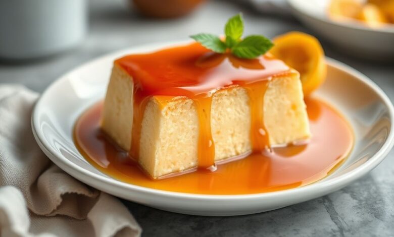 Pudim de micro-ondas pronto, cremoso, com calda de caramelo brilhante servido em prato elegante