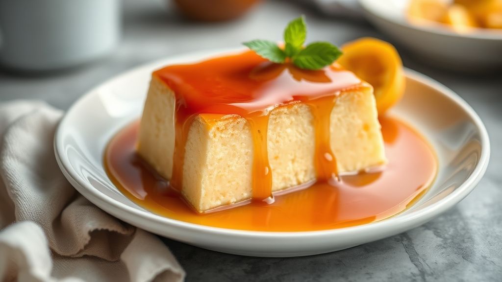 Pudim de micro-ondas pronto, cremoso, com calda de caramelo brilhante servido em prato elegante