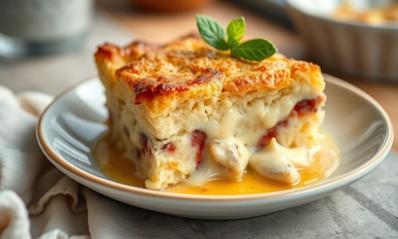 Pudim de pão cremoso pronto, servido em prato branco com calda caramelizada brilhante