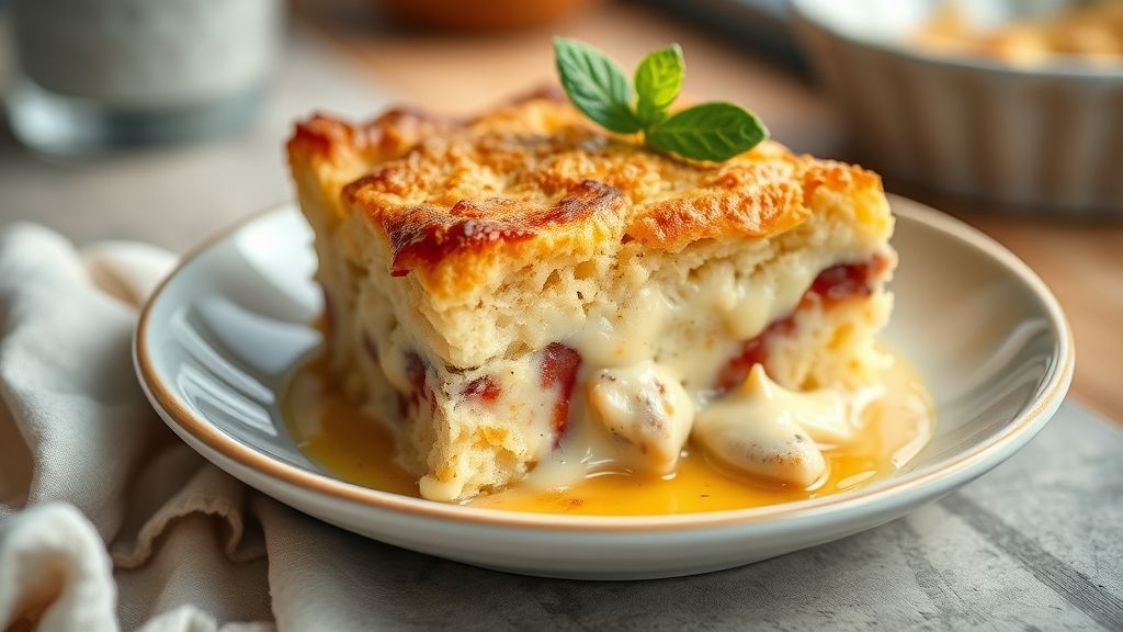 Pudim de pão cremoso pronto, com calda dourada escorrendo, servido como sobremesa irresistível