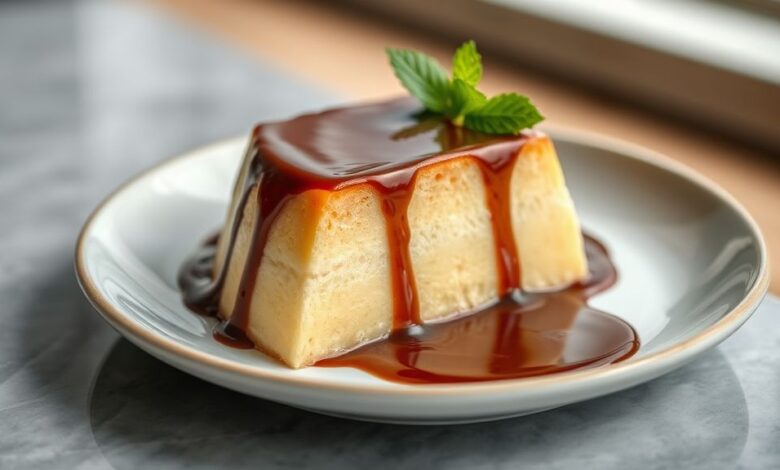 Pudim de sorvete gelado servido em prato grande, coberto por calda de chocolate brilhante e apetitoso