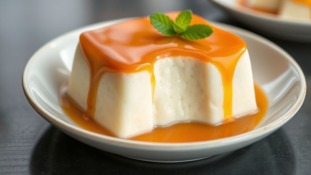 Pudim de tapioca granulada cremoso com caramelo dourado e coco ralado, servido em fatias