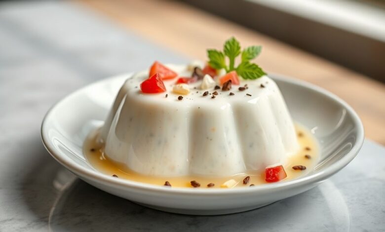 Pudim de tapioca cremoso com calda de caramelo dourada, servido em prato elegante e bem decorado.