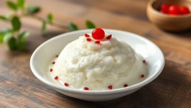 Pudim de tapioca tradicional desenformado, coberto com leite condensado e coco ralado, servido em prato elegante