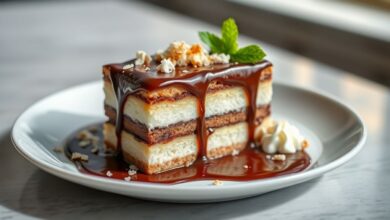 Pudim Prestígio de geladeira pronto, com calda de chocolate brilhante e textura cremosa de coco.