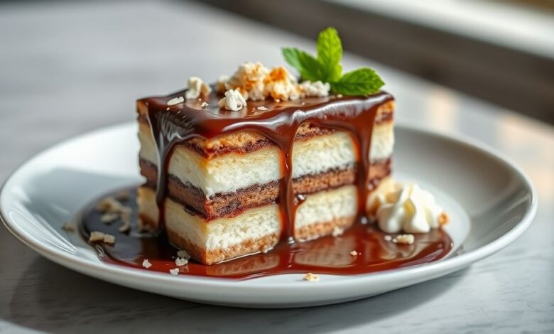 Pudim Prestígio de geladeira pronto, com calda de chocolate brilhante e textura cremosa de coco.