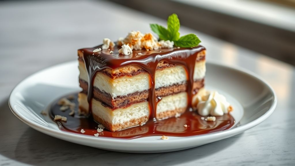 Pudim Prestígio de geladeira pronto e decorado, com camadas de chocolate e coco, cremoso e brilhante.