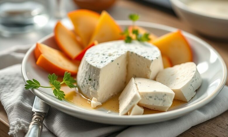 Queijo caseiro fresco e branco, firme, cortado em fatias e servido em tábua de madeira, com aspecto apetitoso