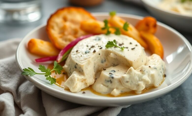 Queijo caseiro fresco, macio e moldado em formato circular, servido em um prato branco com ervas ao lado