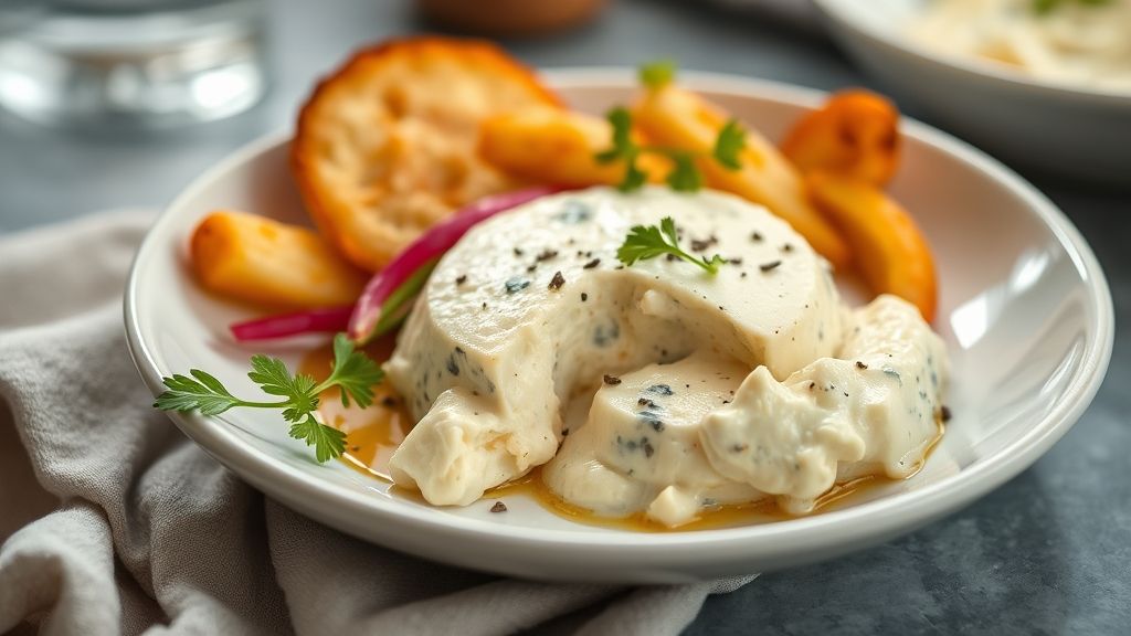 Queijo caseiro fresco, macio e moldado em formato circular, servido em um prato branco com ervas ao lado