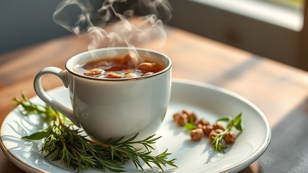 Xícara de chá fumegante servida em mesa rústica com ervas ao redor, transmitindo saúde e aconchego
