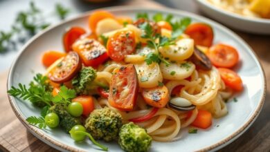 Prato finalizado com legumes assados, grelhados e coloridos, dispostos de forma harmoniosa e apetitosa