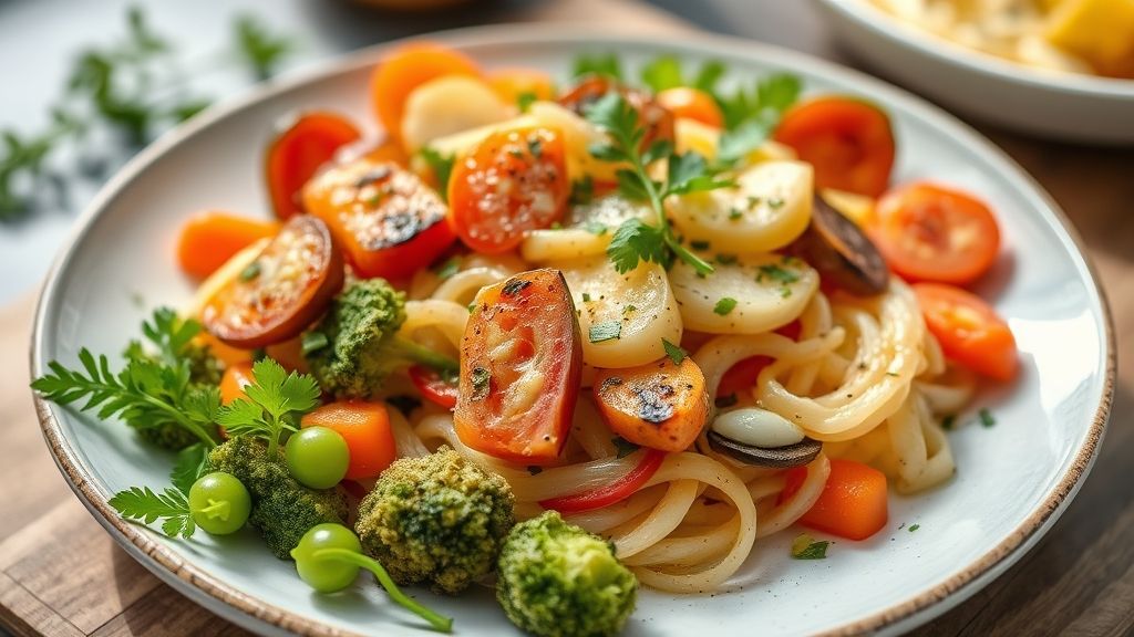 Prato finalizado com legumes assados, grelhados e coloridos, dispostos de forma harmoniosa e apetitosa