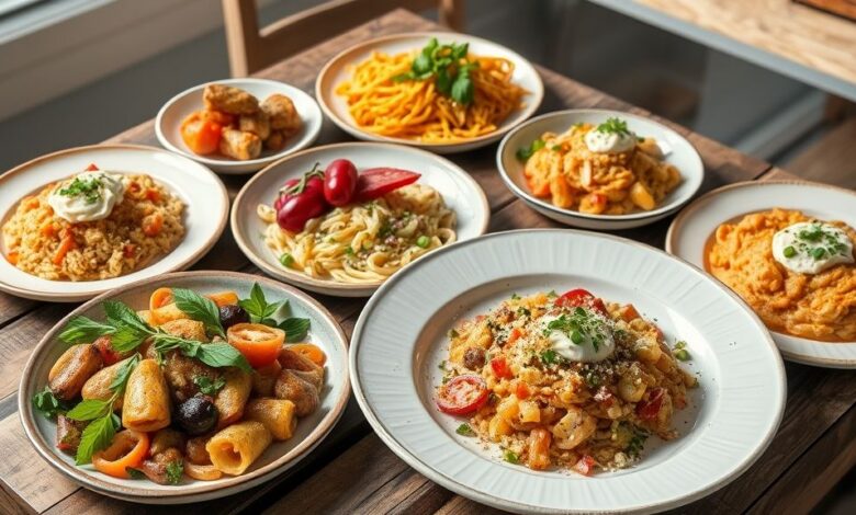 Variedade de pratos simples e coloridos servidos de forma caseira e convidativa