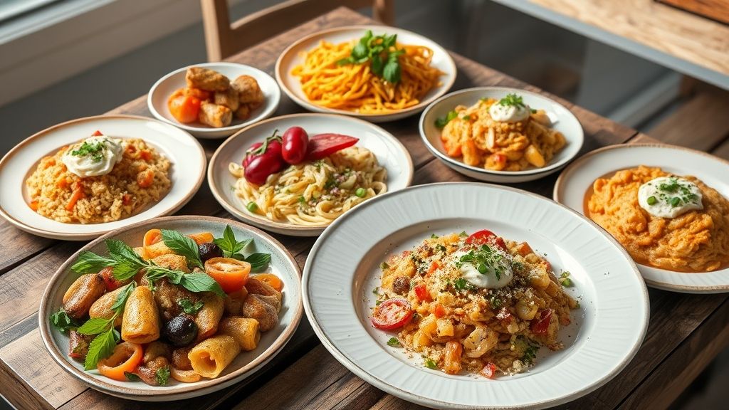 Variedade de pratos simples e coloridos servidos de forma caseira e convidativa