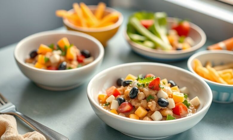 Prato com diferentes receitas infantis saudáveis servidas em potinhos coloridos e apetitosos