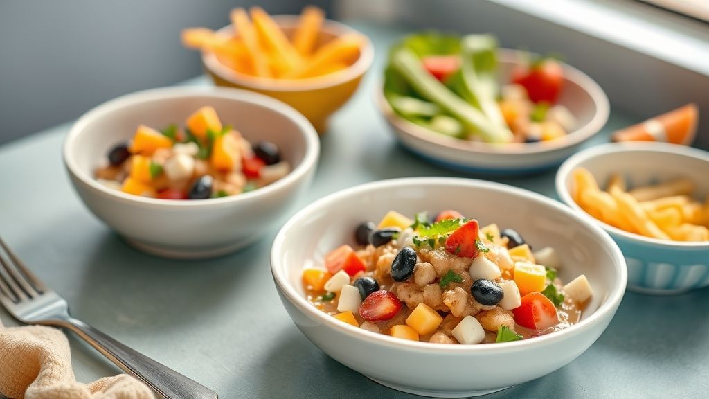 Prato com diferentes receitas infantis saudáveis servidas em potinhos coloridos e apetitosos