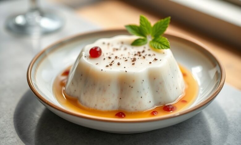 Taça de sagu de vinho gelado, com calda avermelhada e visual brilhante, servido elegantemente em mesa posta.
