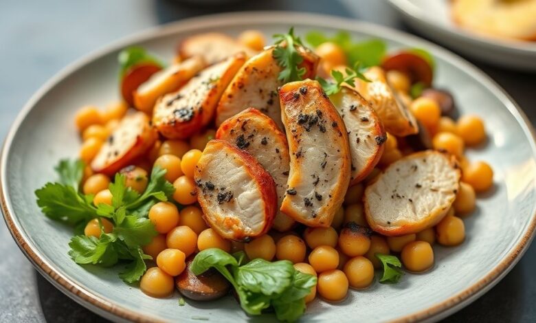 Salada morna de grão-de-bico com frango grelhado e legumes frescos servida de forma colorida e saudável