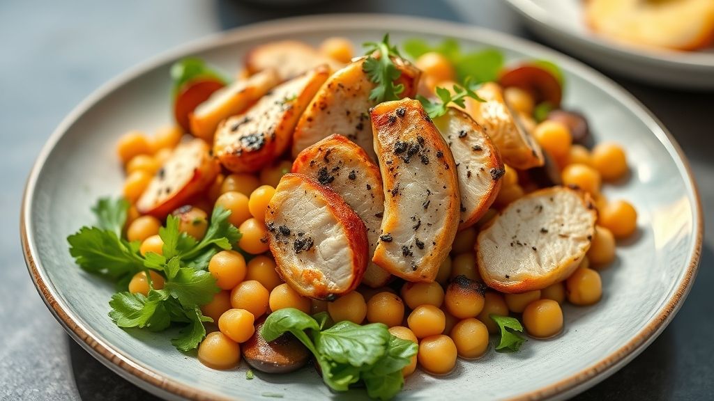 Salada morna de grão-de-bico com frango grelhado e legumes frescos servida de forma colorida e saudável