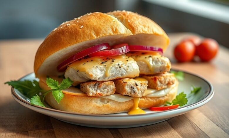 Prato finalizado de sanduíche natural de frango, bem montado, fresco e cremoso, servido em fatias trianguladas.