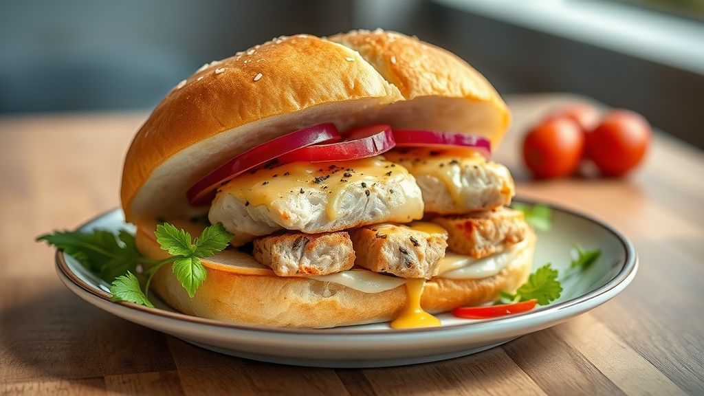 Sanduíche natural de frango pronto, recheado com frango cremoso, alface e tomate, servido em pão macio e fresco