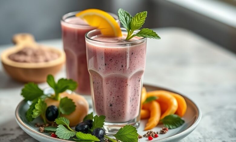 Smoothie poderoso servido em copo alto, colorido, cremoso e decorado com frutas frescas