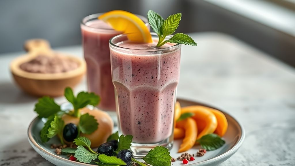 Smoothie poderoso servido em copo alto, colorido, cremoso e decorado com frutas frescas