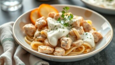 Um prato de strogonoff light de frango com iogurte desnatado, servido com arroz integral e batata-doce, bem cremoso e apetitoso.