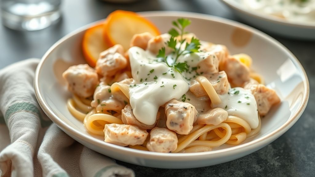 Um prato de strogonoff light de frango com iogurte desnatado, servido com arroz integral e batata-doce, bem cremoso e apetitoso.