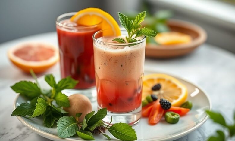 Copo de suco detox termogênico verde, servido gelado em um ambiente claro e saudável