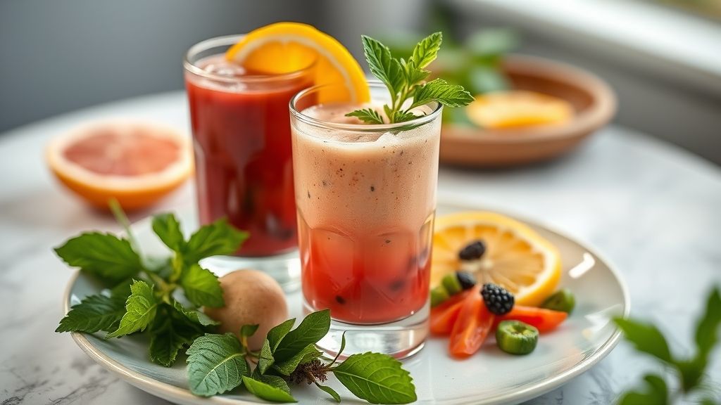 Copo de suco detox termogênico verde, servido gelado em um ambiente claro e saudável