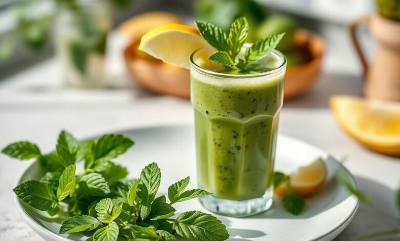 Copo de suco detox verde servido com gelo, limão e folhas frescas decorando a apresentação
