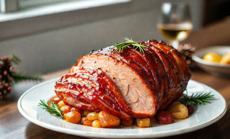 Tender assado suculento, dourado e com cravos, servido em travessa decorada para ceia.