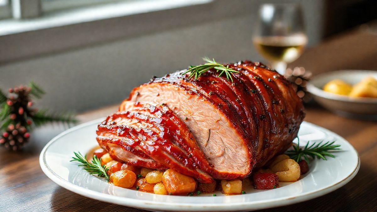 Tender assado caramelizado e suculento decorado com cravos, mostrando como temperar tender para ceia de festas.