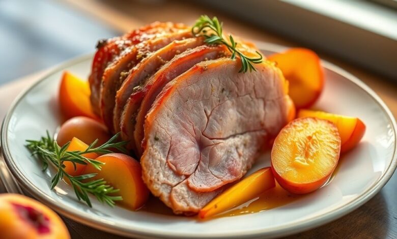 Tender assado dourado, caramelizado, servido com pêssegos e calda brilhante em uma travessa festiva