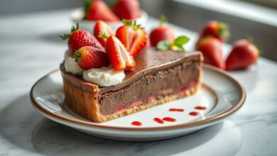 Torta elegante com base de chocolate, recheio cremoso e cobertura de ganache decorada com morangos frescos.