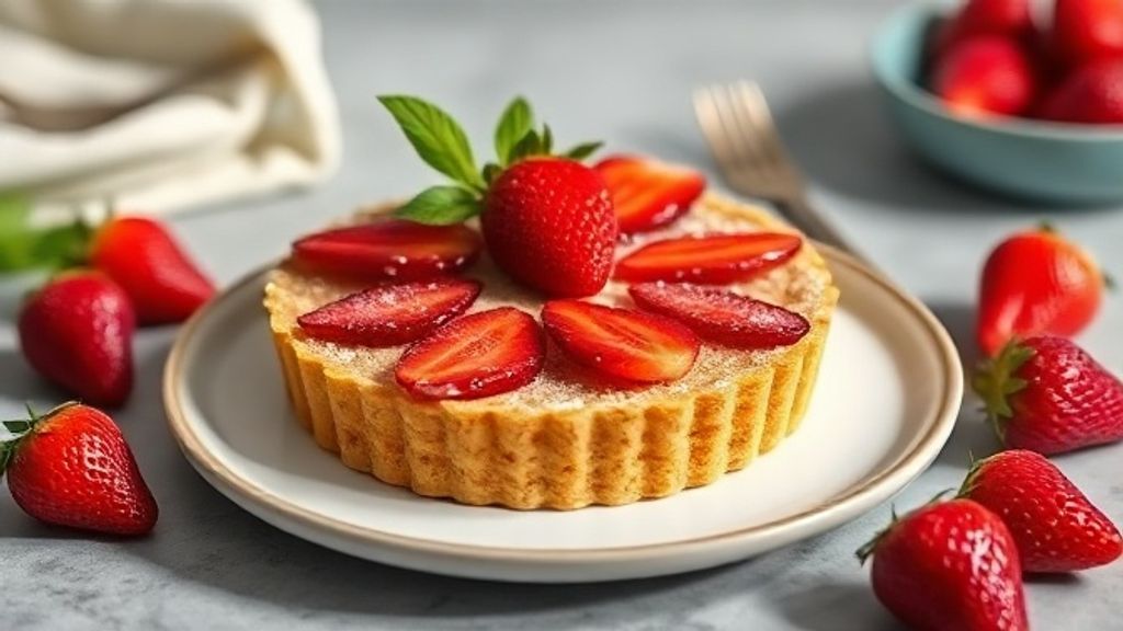 Torta de morango vegana com base de castanhas, recheio cremoso e cobertura de morangos frescos